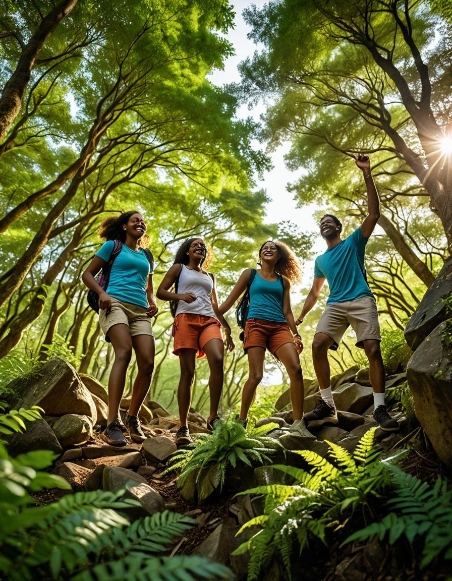 A group of diverse friends joyfully exploring a lush forest, climbing a rocky hill together, laughter in the air, vibrant nature around them, sunlight filtering through the trees, representing the spirit of adventure and connection. super-realistic. vibrant colors. warm lighting.