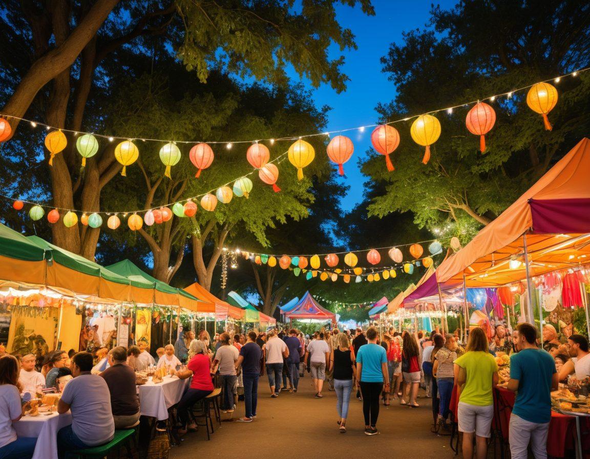 A vibrant scene depicting a diverse group of people engaging warmly in a community gathering, surrounded by colorful decorations and nature. Show joyful faces, laughter, and interactions that symbolize connection and friendship, with soft sunlight filtering through trees. Include elements like food stalls, games, and art displays to convey a festive atmosphere. super-realistic. vibrant colors. warm lighting.