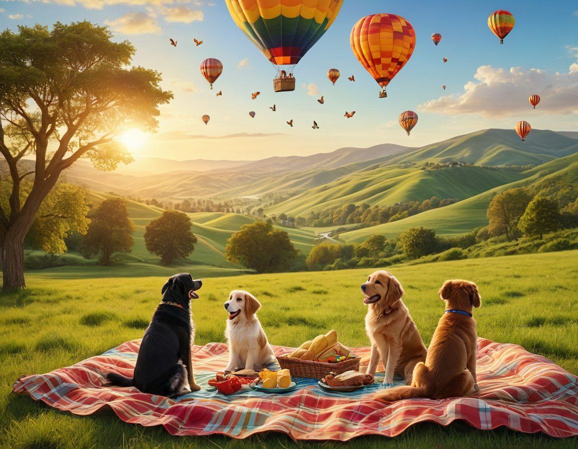 A whimsical landscape depicting a colorful hot air balloon soaring over rolling hills, with smiling people of diverse backgrounds sharing laughter and stories around a bright picnic blanket. Sunlight beams down, creating a warm and inviting atmosphere that echoes carefree adventures and joyful connections. Incorporate playful animals like puppies and butterflies to enhance the sense of happiness and freedom. vibrant colors. semi-realistic.